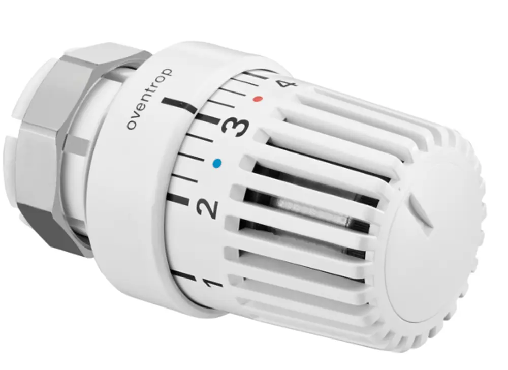 Weißes Thermostatventil mit Drehregler von Oventrop. Skala von 1 bis 4, mit Flüssigfühler und Klemmverbindung. Geeignet für diverse Thermostatventile.